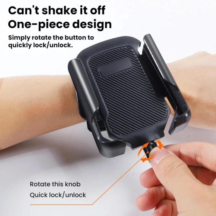 Black phone holder with rotary lock knob and textured back grip pad