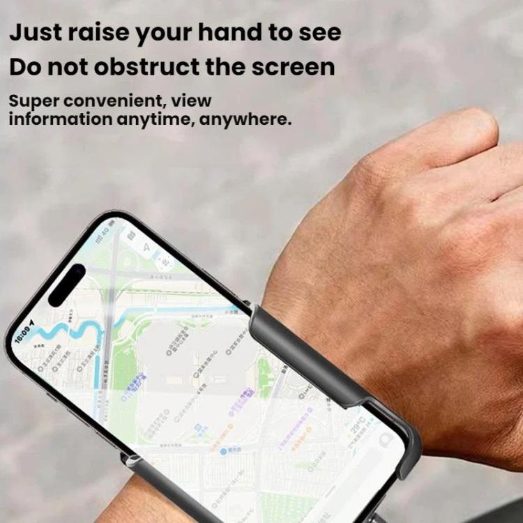 Black phone holder secured to wrist for unobstructed screen viewing