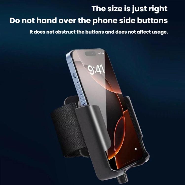 Black phone holder cradling a smartphone with open sides for button access