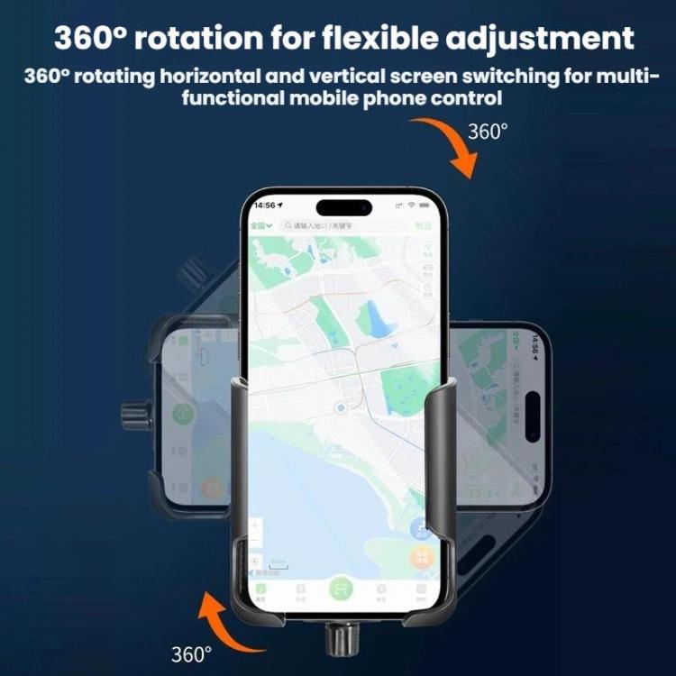Black rotating phone holder with phone mounted for multi-angle viewing