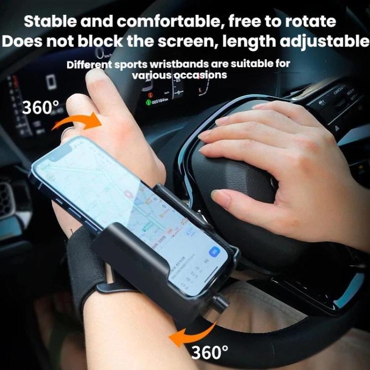 Black wrist-mounted phone holder with adjustable base and wrist strap, holds smartphone