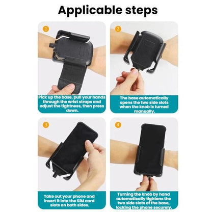 Black phone holder base with wrist/arm strap shown in four-step setup sequence
