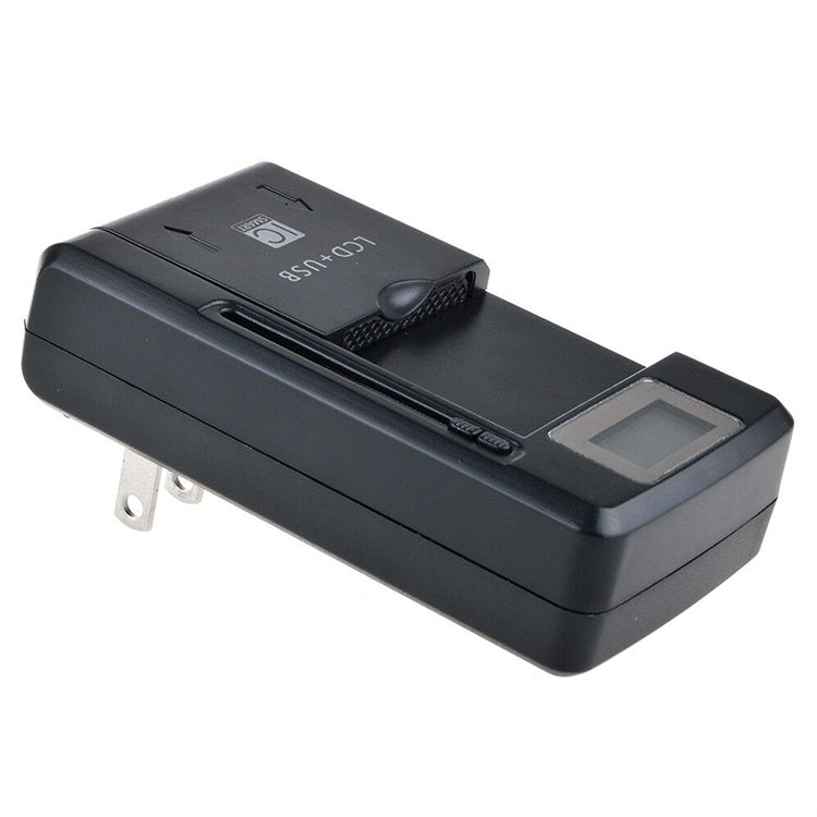 Black USB battery charger with LCD screen and side input/output ports