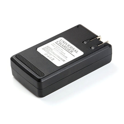 Black universal battery charger with label, terminal ports, and charging connectors