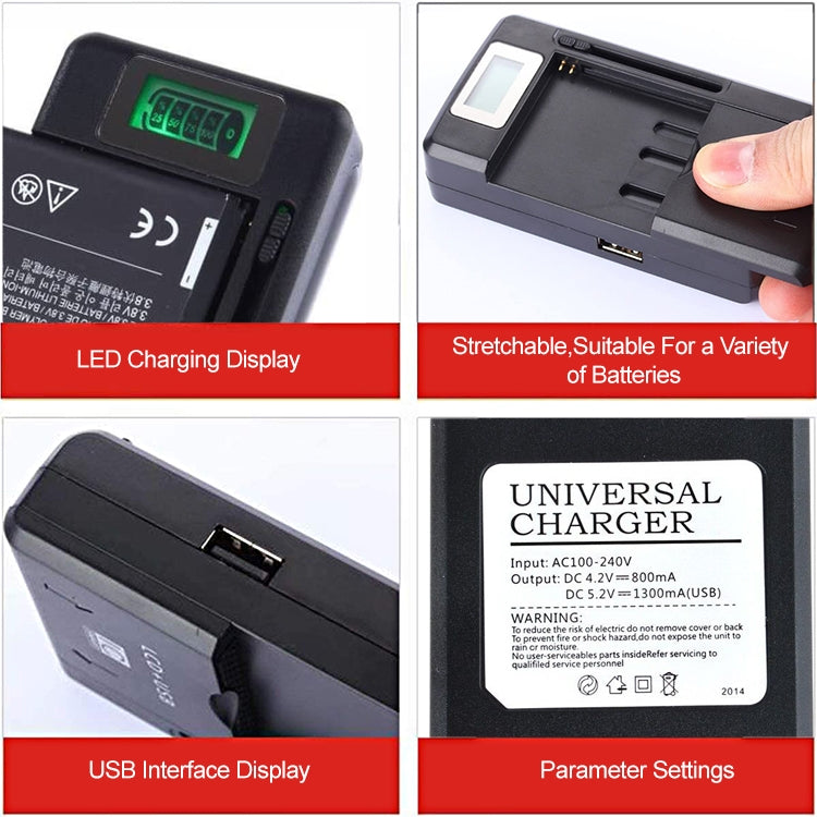 Black battery charger showing LCD charging display and USB interface ports