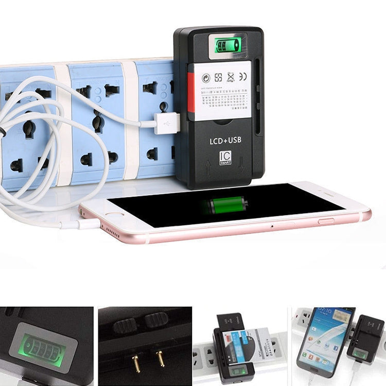 LCD+USB battery charger plugged in, charging a smartphone with green display
