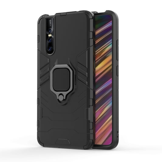 Black shockproof phone case with raised edges and magnetic ring holder on back