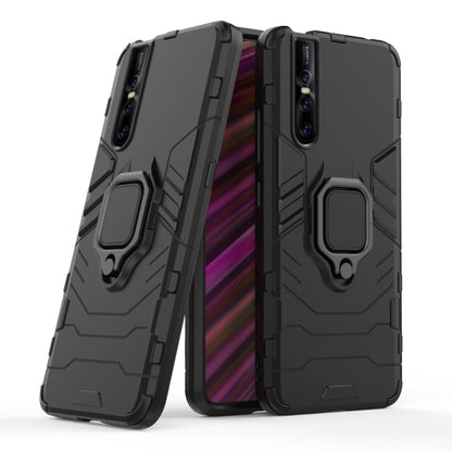 Black rugged phone case with magnetic ring holder, dual-layer shock protection