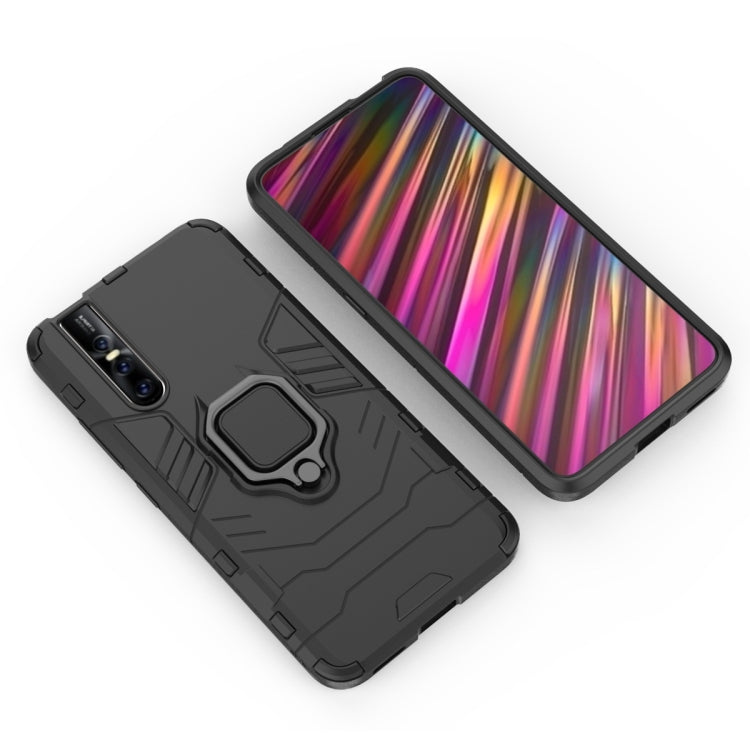 Black protective phone case with magnetic ring holder, front and back views shown