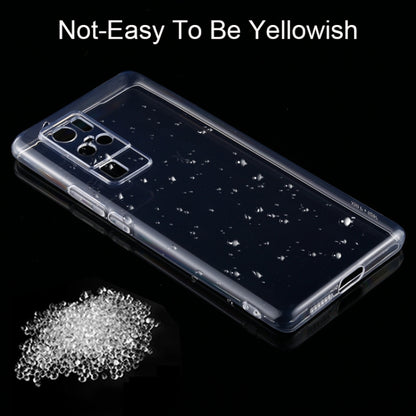 Transparent TPU phone case for Vivo X50 Pro+ with camera cutouts and speckled surface detail