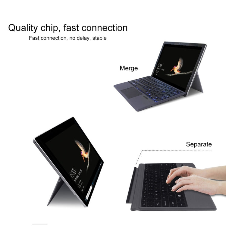 Bluetooth keyboard with touchpad shown open and angled on a tablet