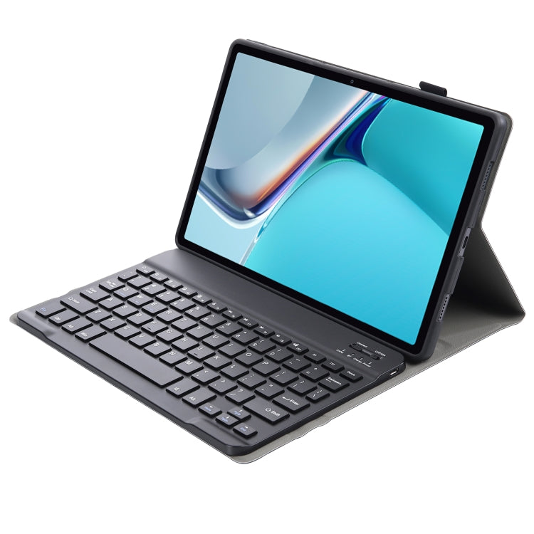 Black detachable keyboard tablet case folded into viewing stand with tablet screen