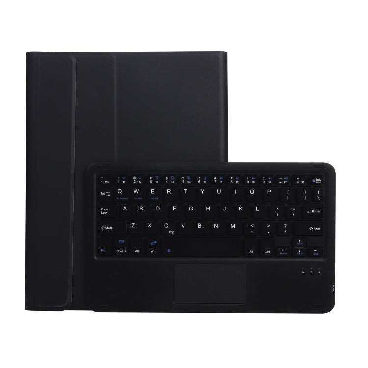 Black tablet case with detachable Bluetooth keyboard and touchpad, shown open