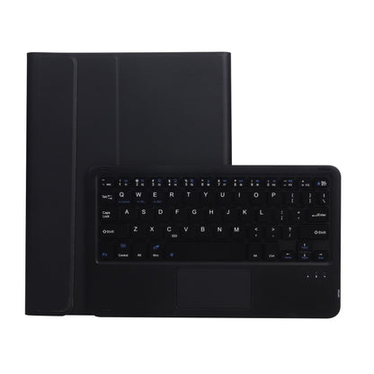 Black tablet case with detachable Bluetooth keyboard and touchpad, shown open