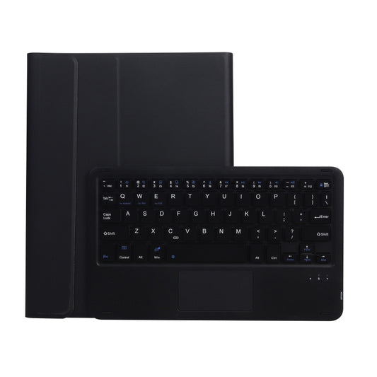 Black tablet case with detachable Bluetooth keyboard and touchpad, shown open