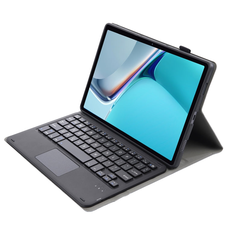Black folio keyboard case with touchpad and adjustable stand in use