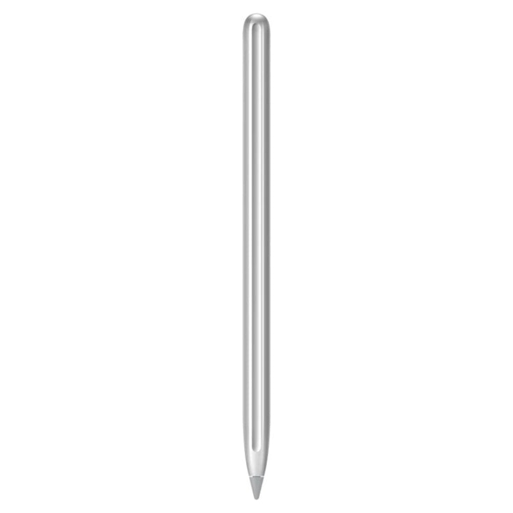 Silver stylus pen viewed from the side, slim barrel with pointed tip