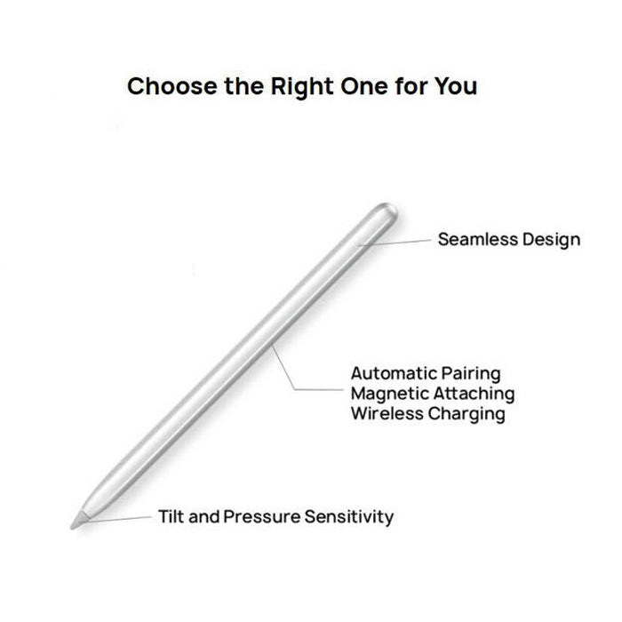Silver stylus pen angled view with slim seamless barrel and pointed tip