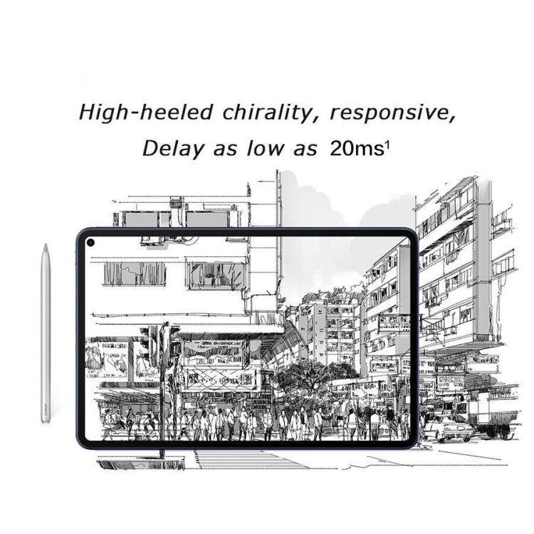 Stylus pen next to a tablet displaying a detailed sketch scene