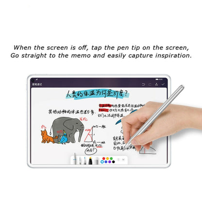 Hand holding a silver stylus pen writing on a tablet screen