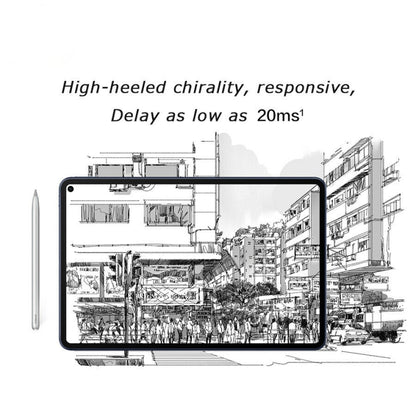 Silver stylus pen beside a tablet showing drawing lines