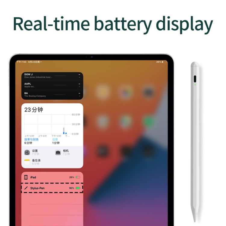 Bluetooth stylus pen next to tablet showing real-time battery percentage