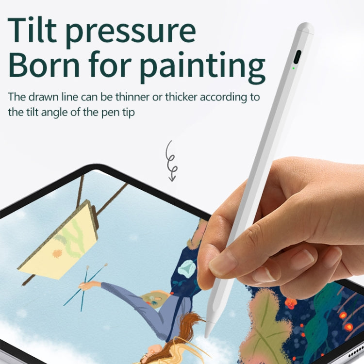 Bluetooth stylus pen held above tablet screen while drawing with pointed tip