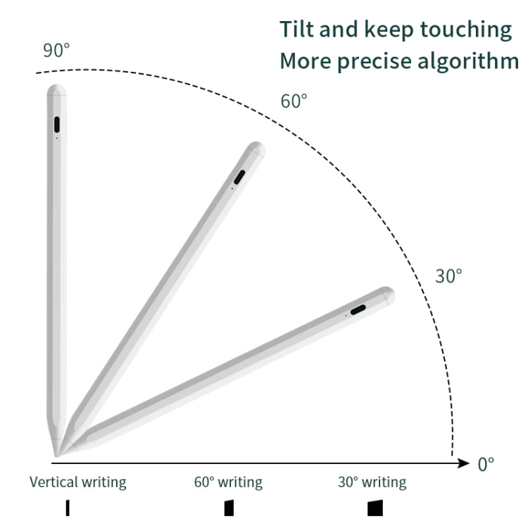 Bluetooth stylus pen angled for writing, pointed tip shown at tilt options
