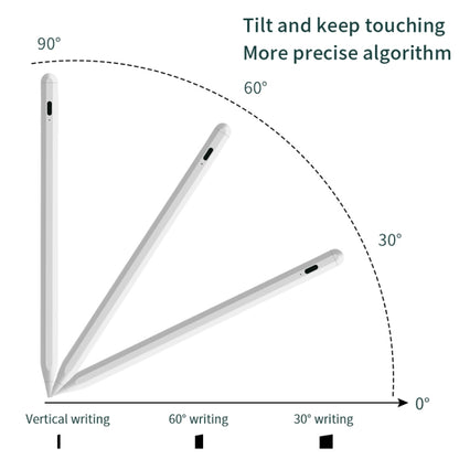 Bluetooth stylus pen angled for writing, pointed tip shown at tilt options