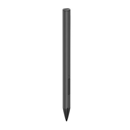 Black pressure-sensitive stylus pen standing alone with pointed tip.