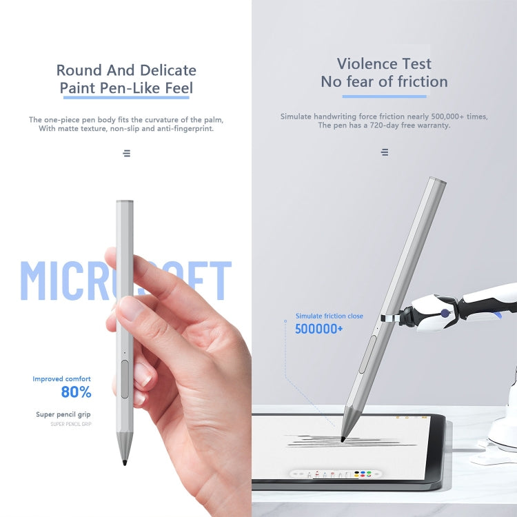Silver stylus pen with pointed tip held in a hand.