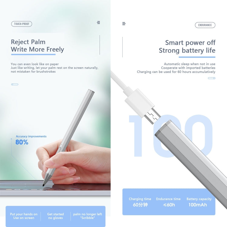Silver stylus pen held for writing and shown connected to a charger cable.