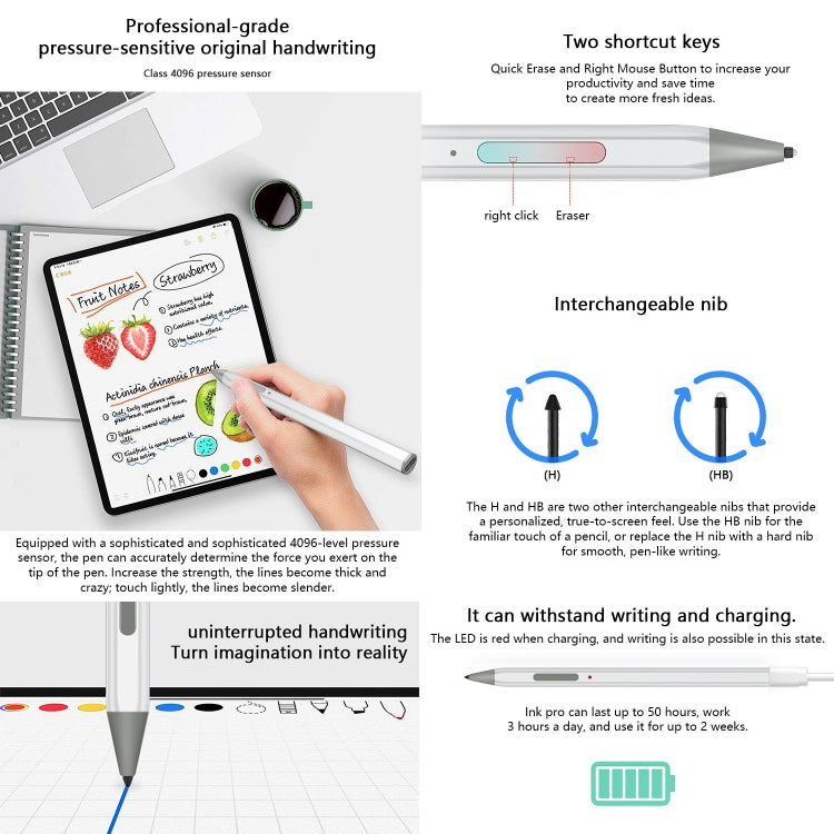 Silver pressure-sensitive stylus writing on a tablet, with keyboard nearby.
