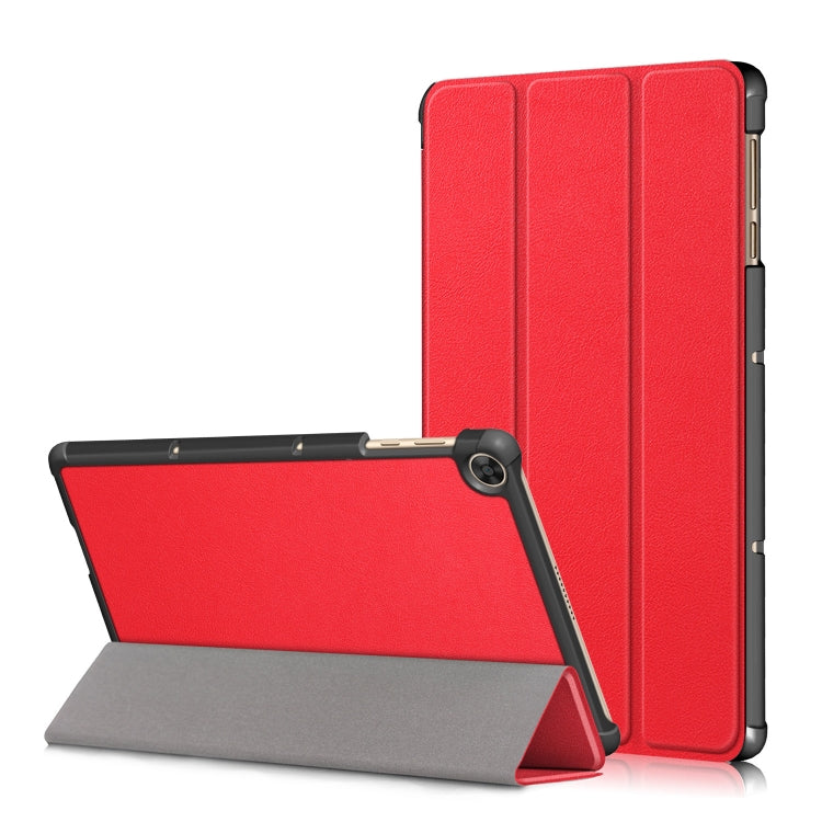 Red 3-fold tablet PC leather case with front stand and camera cutout