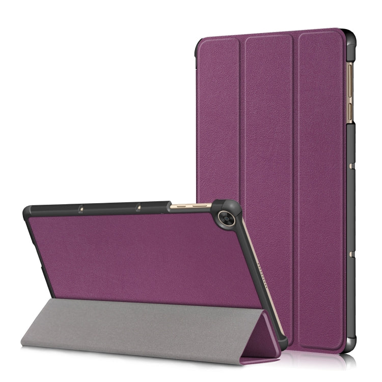 Purple 3-fold tablet PC leather case with front stand and camera cutout