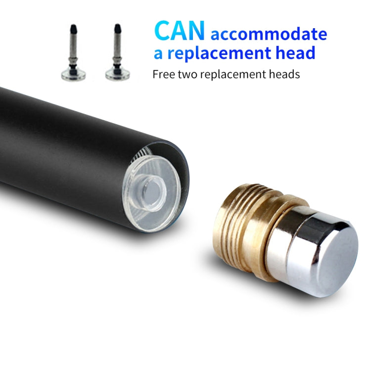 Black stylus pen body with replacement head, metal tip, and threaded base