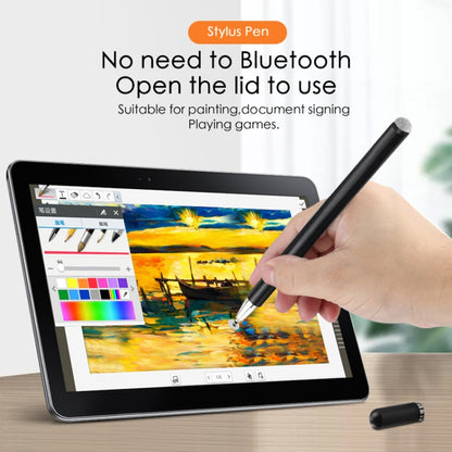 Black stylus pen with fiber tip held near a tablet screen; includes spare cap