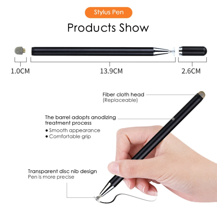 Black stylus pen with fiber cloth head and transparent disc nib design