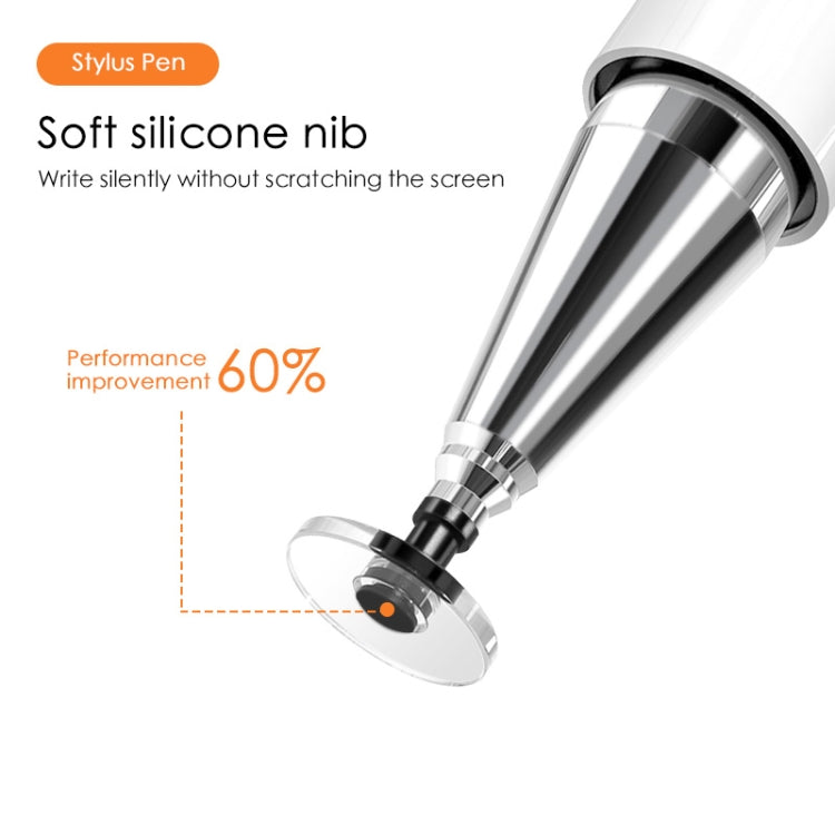 Silver stylus pen with soft silicone nib and circular disc tip