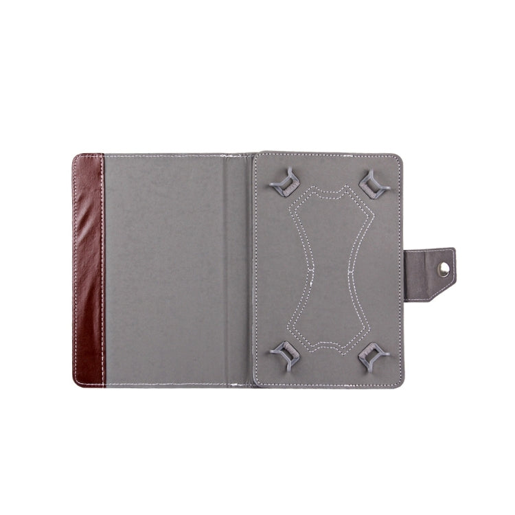 Brown 9-inch tablet leather folio case with gray interior and elastic strap