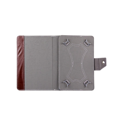 Brown 9-inch tablet leather folio case with gray interior and elastic strap