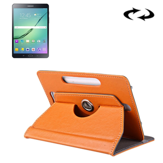Orange faux leather tablet case with rotating stand and cutout hand strap