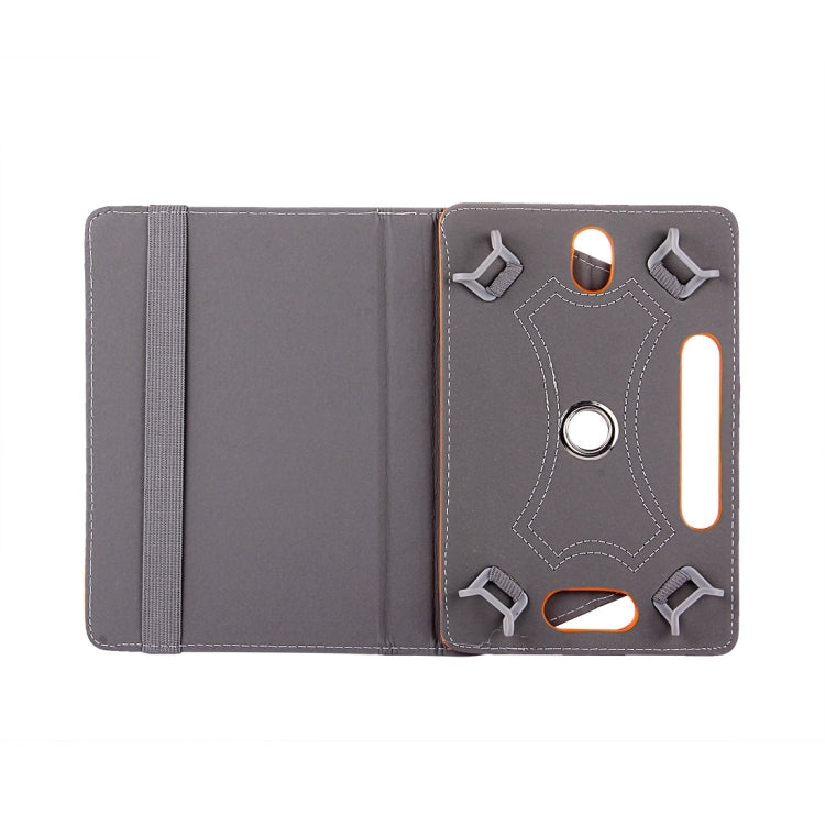 Gray faux leather tablet case open with elastic strap and camera cutout