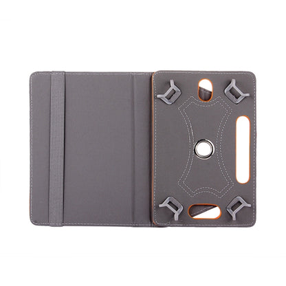 Gray faux leather tablet case open with elastic strap and camera cutout