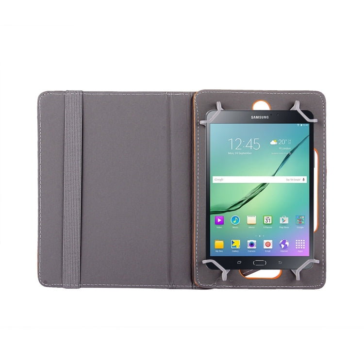 Gray faux leather tablet case with elastic strap, camera cutout, and tablet insert