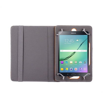 Gray faux leather tablet case with elastic strap, camera cutout, and tablet insert