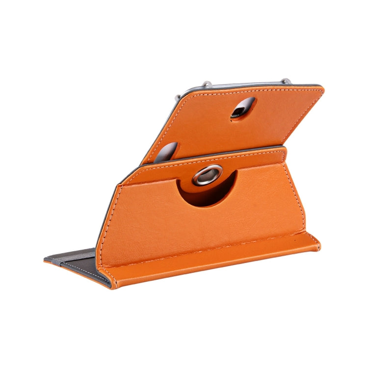 Orange faux leather tablet case folded with circular ring holder and metal snaps