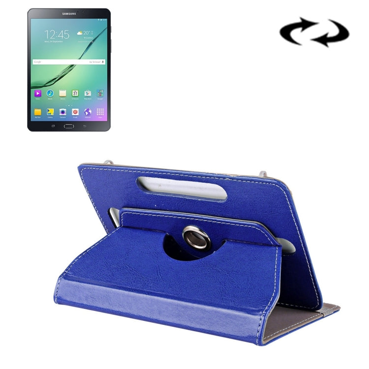 Blue faux leather tablet case with rotating stand and elastic strap cutout
