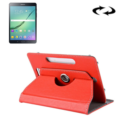 Red faux leather tablet case with rotating stand and handle strap opening