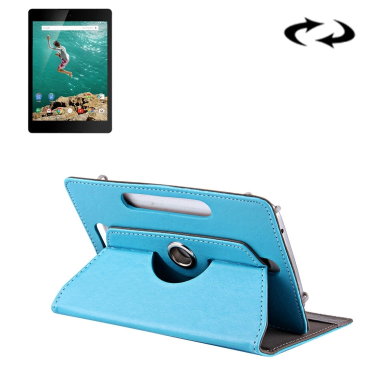 9-inch leather folio tablet case, light blue with flip stand and camera cutout
